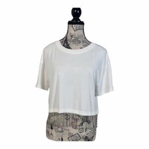 Blue B. Collection White Cropped T-Shirt Chic Trendy Rhinestone Hem size Large